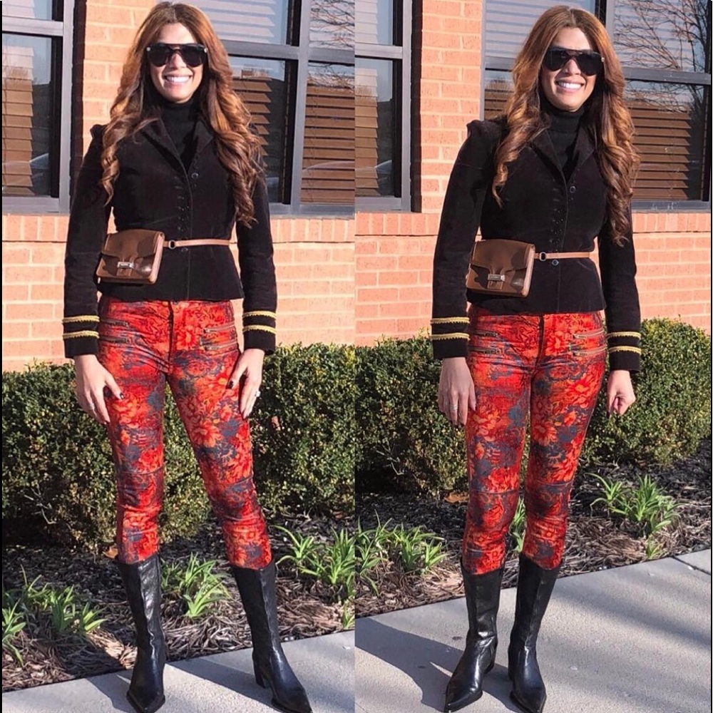 FREE PEOPLE ORANGE FLORAL VELVET SKINNY PANTS